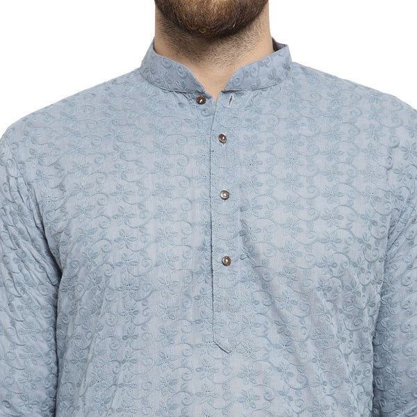 Light Grey Cotton Chikankari Lucknowi Jaal Embroidered Kurta with Churidar Pajama For Men by Treemoda