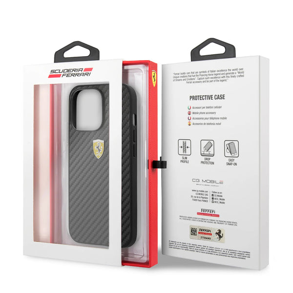 Ferrari Carbon Design Metal Logo Case for iPhone 13 & 14 Series - Black