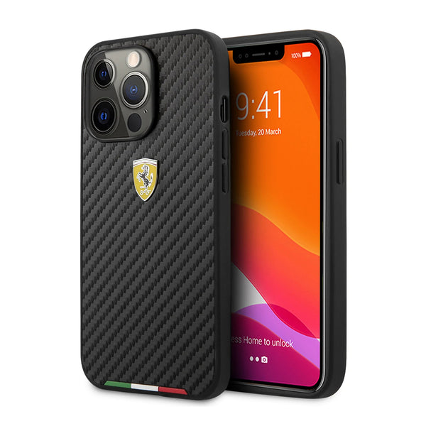 Ferrari Carbon Design & Italian Flag Line Metal Logo Case for iPhone 14 Series - Red & Black