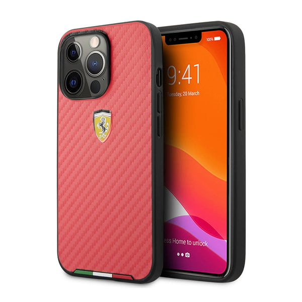 Ferrari Carbon Design & Italian Flag Line Metal Logo Case for iPhone 14 Series - Red & Black