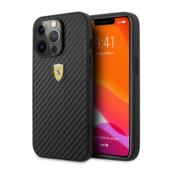 Ferrari Carbon Design Metal Logo Case for iPhone 13 & 14 Series - Black