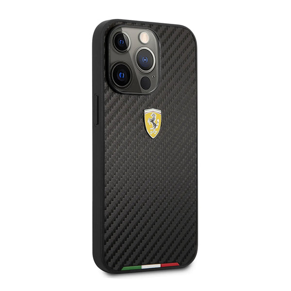 Ferrari Carbon Design & Italian Flag Line Metal Logo Case for iPhone 14 Series - Red & Black