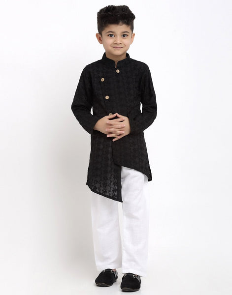 Lucknowi Chikankari Cotton Kurta Pajama Set For Boys/Kids By Treemoda|Black| Kurta Pajama Set