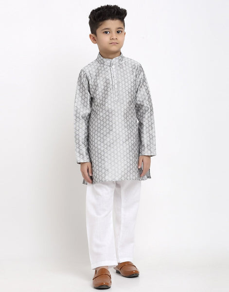 Brocade Kurta Pajama Set For Boys/Kids By Treemoda|Silver Grey| Kurta Pajama Set