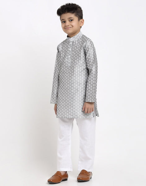 Brocade Kurta Pajama Set For Boys/Kids By Treemoda|Silver Grey| Kurta Pajama Set