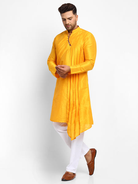 Yellow Solid Brocade Kurta With Aligarh Pajama For Men By Treemoda