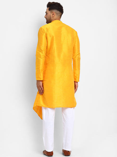 Yellow Solid Brocade Kurta With Aligarh Pajama For Men By Treemoda