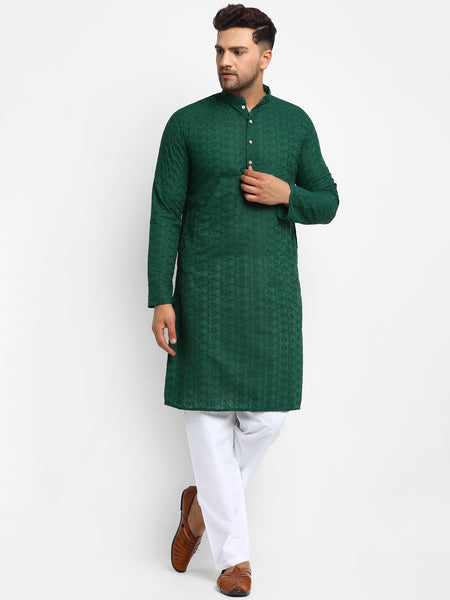 Embroidered Cotton Chikankari Green Kurta With Aligarh Pajama by Treemoda