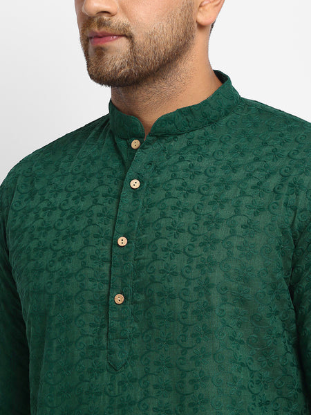 Embroidered Cotton Chikankari Green Kurta With Aligarh Pajama by Treemoda