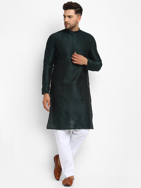 Embellished Brocade Bottle Green Kurta With Aligarh Pajama Set by Treemoda