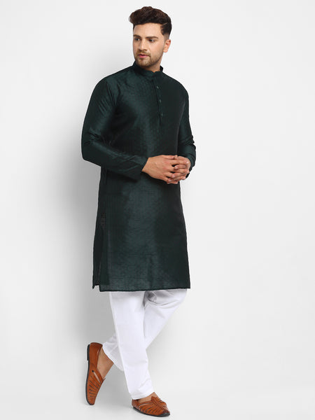 Embellished Brocade Bottle Green Kurta With Aligarh Pajama Set by Treemoda