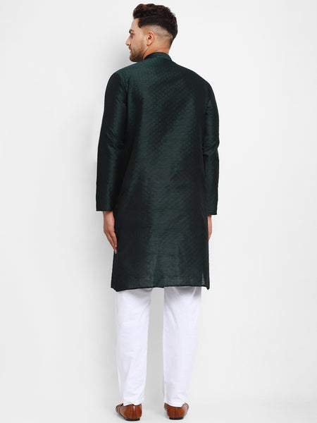 Embellished Brocade Bottle Green Kurta With Aligarh Pajama Set by Treemoda