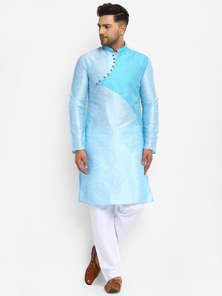 Embellished Brocade Sky Blue Kurta With Aligarh Pajama Set For Men By Treemoda