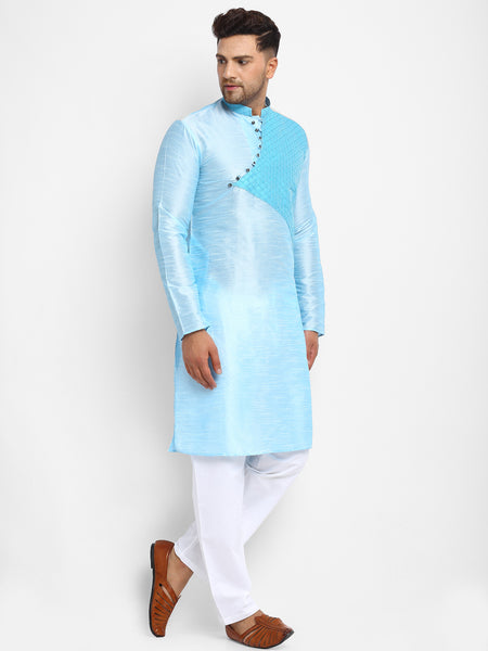 Embellished Brocade Sky Blue Kurta With Aligarh Pajama Set For Men By Treemoda