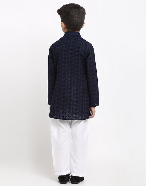 Lucknowi Chikankari Cotton Kurta Pajama Set For Boys/Kids By Treemoda|Navy Blue| Kurta Pajama Set