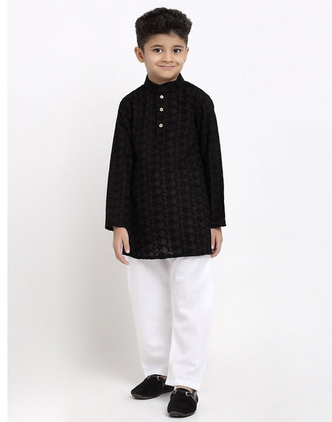 Lucknowi Chikankari Cotton Kurta Pajama Set For Boys/Kids By Treemoda|Black| Kurta Pajama Set