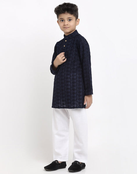 Lucknowi Chikankari Cotton Kurta Pajama Set For Boys/Kids By Treemoda|Navy Blue| Kurta Pajama Set