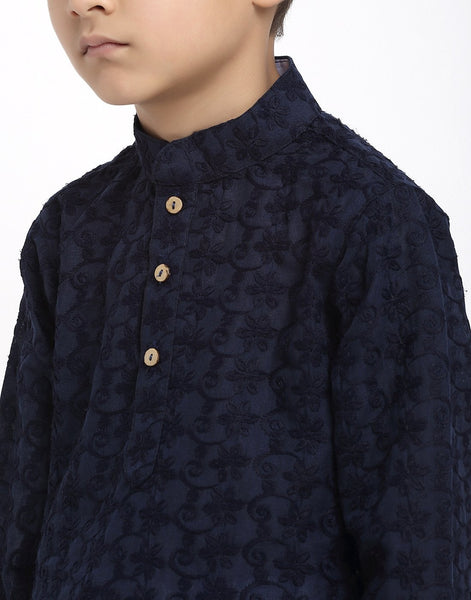 Lucknowi Chikankari Cotton Kurta Pajama Set For Boys/Kids By Treemoda|Navy Blue| Kurta Pajama Set
