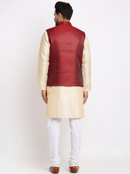 Treemoda Ethnic Brocade Beige Kurta Pajama With Brocade Maroon Nehru Jacket For Men