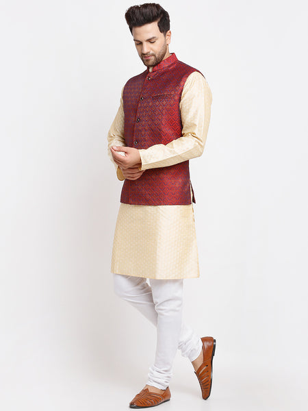 Treemoda Ethnic Brocade Beige Kurta Pajama With Brocade Maroon Nehru Jacket For Men