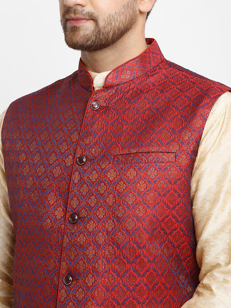 Treemoda Ethnic Brocade Beige Kurta Pajama With Brocade Maroon Nehru Jacket For Men