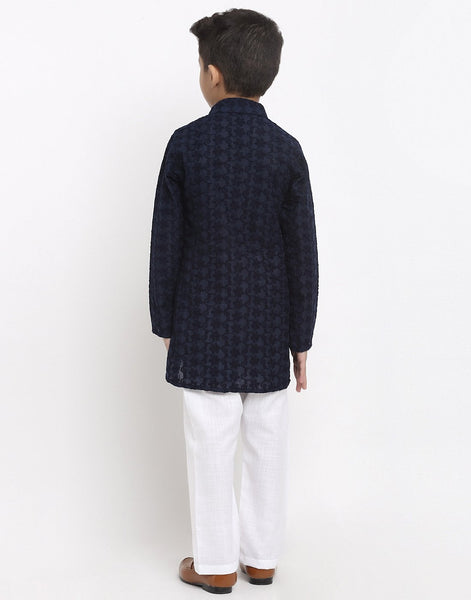 Lucknowi Chikankari Cotton Kurta Pajama Set For Boys/Kids By Treemoda|Navy Blue| Kurta Pajama Set