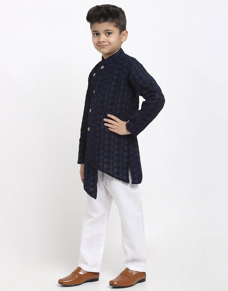Lucknowi Chikankari Cotton Kurta Pajama Set For Boys/Kids By Treemoda|Navy Blue| Kurta Pajama Set