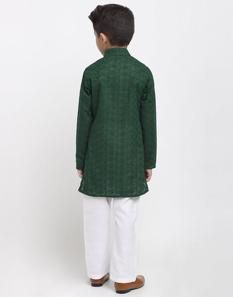 Lucknowi Chikankari Cotton Kurta Pajama Set For Boys/Kids By Treemoda|Green| Kurta Pajama Set