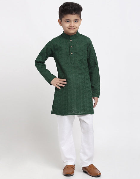 Lucknowi Chikankari Cotton Kurta Pajama Set For Boys/Kids By Treemoda|Green| Kurta Pajama Set