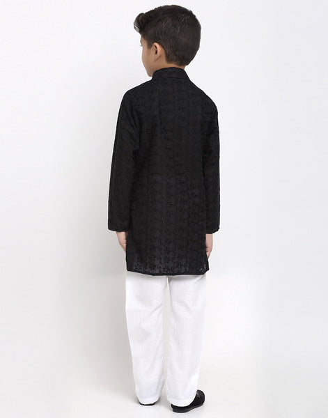 Lucknowi Chikankari Cotton Kurta Pajama Set For Boys/Kids By Treemoda|Black| Kurta Pajama Set