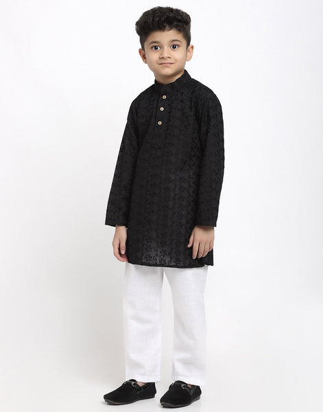 Lucknowi Chikankari Cotton Kurta Pajama Set For Boys/Kids By Treemoda|Black| Kurta Pajama Set