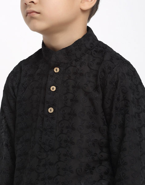 Lucknowi Chikankari Cotton Kurta Pajama Set For Boys/Kids By Treemoda|Black| Kurta Pajama Set