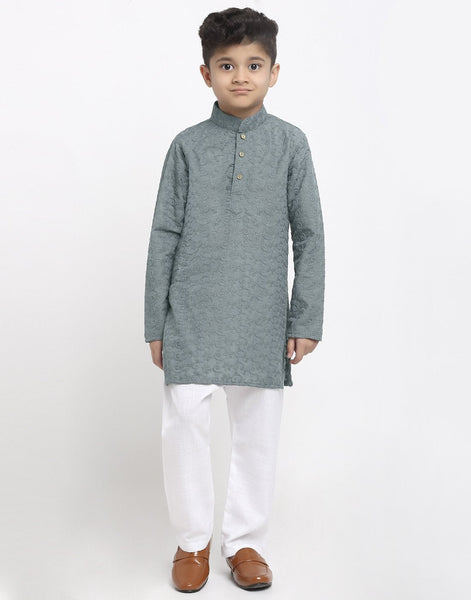 Lucknowi Chikankari Cotton Kurta Pajama Set For Boys/Kids By Treemoda|Grey| Kurta Pajama Set