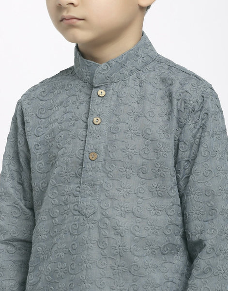 Lucknowi Chikankari Cotton Kurta Pajama Set For Boys/Kids By Treemoda|Grey| Kurta Pajama Set