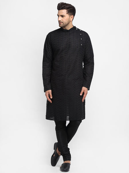 Embroidered Cotton Chikankari Black Kurta With Churidar Pajama by Treemoda