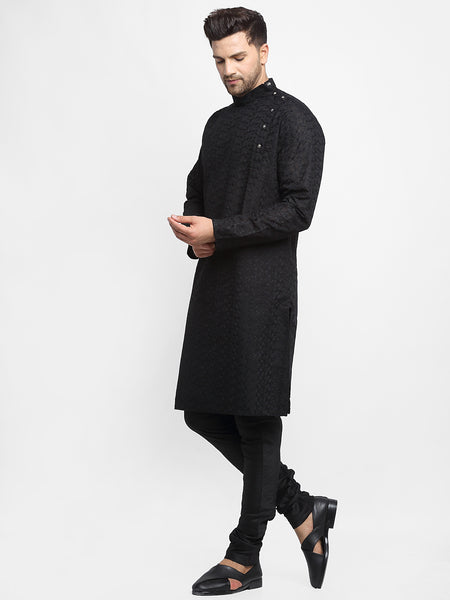 Embroidered Cotton Chikankari Black Kurta With Churidar Pajama by Treemoda