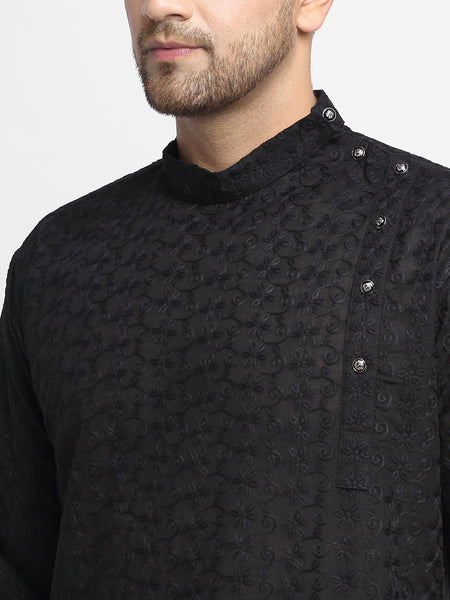 Embroidered Cotton Chikankari Black Kurta With Churidar Pajama by Treemoda