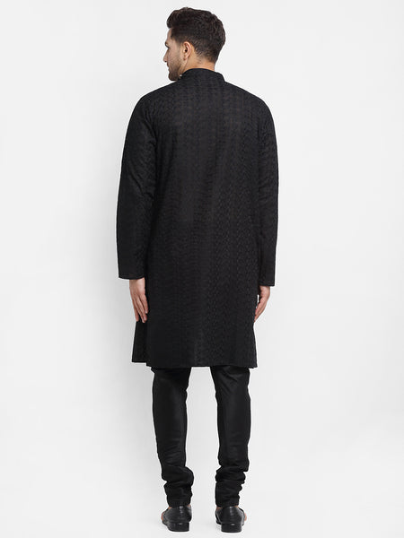 Embroidered Cotton Chikankari Black Kurta With Churidar Pajama by Treemoda