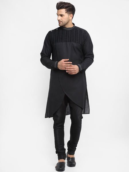 Black Solid Linen Kurta With Churidar Pajama For Men By Treemoda