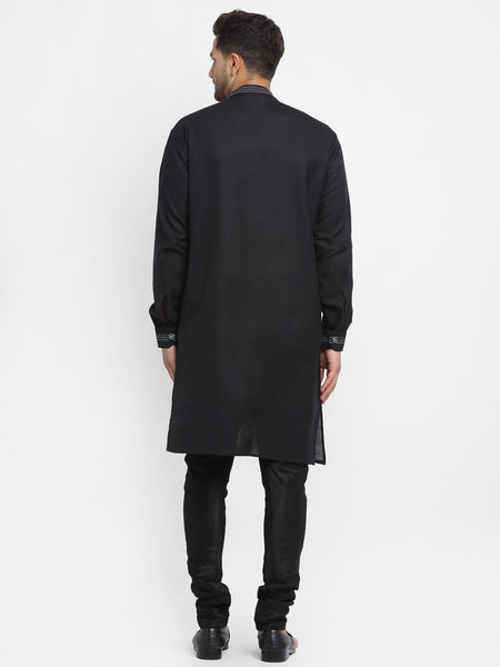 Black Solid Linen Kurta With Churidar Pajama For Men By Treemoda
