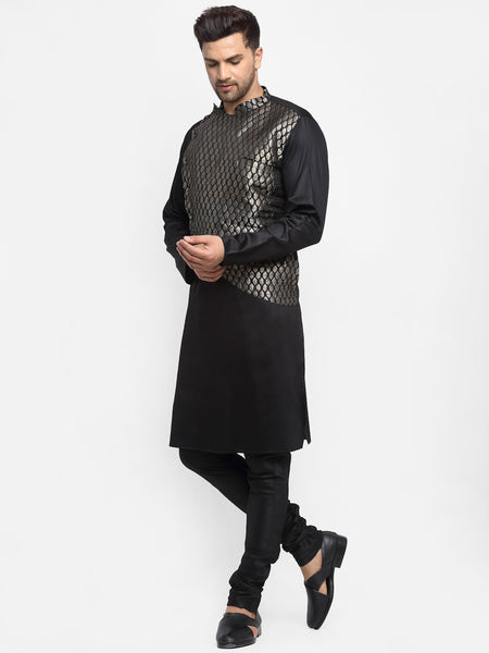 Ethinic Brocade Silk Black Kurta With Churidar Pajama For Men By Treemoda