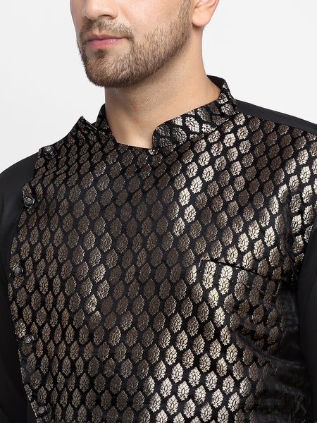 Ethinic Brocade Silk Black Kurta With Churidar Pajama For Men By Treemoda