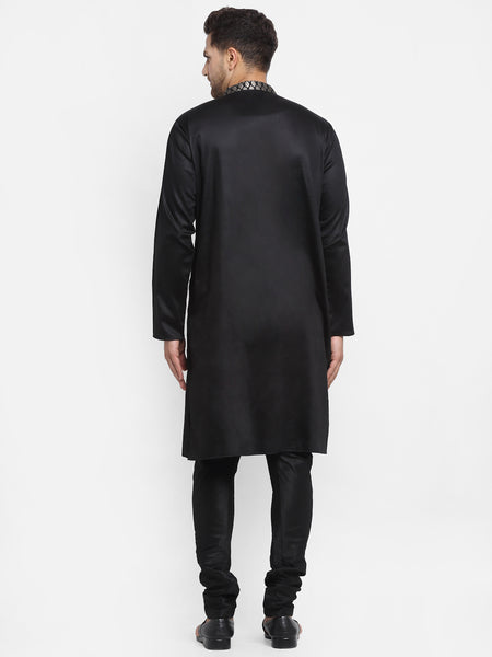 Ethinic Brocade Silk Black Kurta With Churidar Pajama For Men By Treemoda