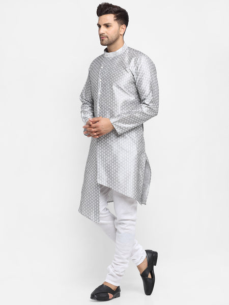Embellished Brocade Grey Kurta With Churidar Pajama Set For Men By Treemoda