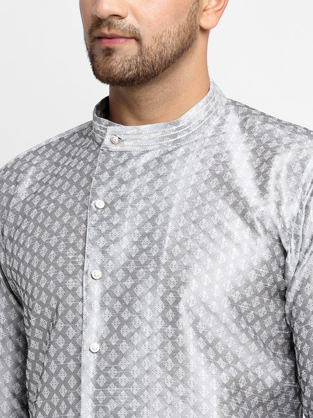 Embellished Brocade Grey Kurta With Churidar Pajama Set For Men By Treemoda