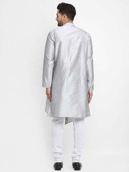 Embellished Brocade Grey Kurta With Churidar Pajama Set For Men By Treemoda