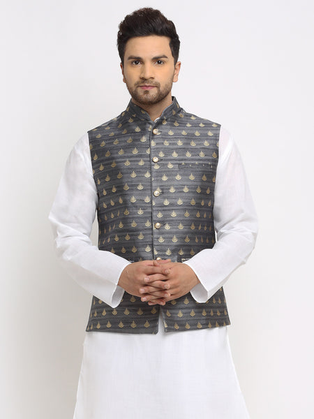 New Designer Men Dark Grey and Golden Brocade Nehru Jacket With Golden Work By Treemoda