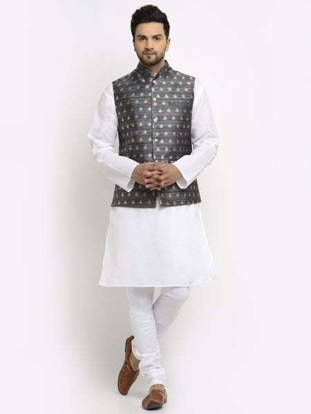 New Designer Men Dark Grey and Golden Brocade Nehru Jacket With Golden Work By Treemoda