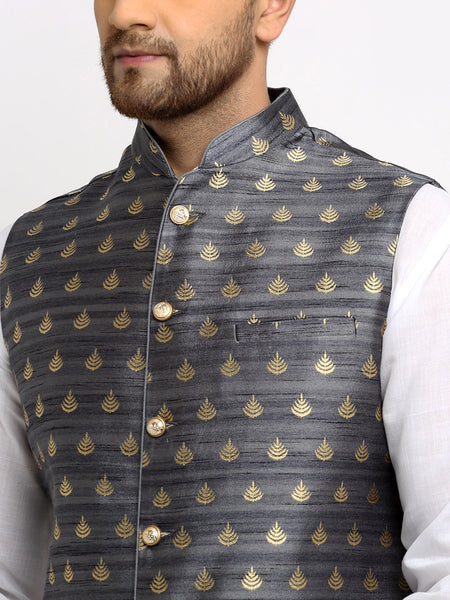 New Designer Men Dark Grey and Golden Brocade Nehru Jacket With Golden Work By Treemoda