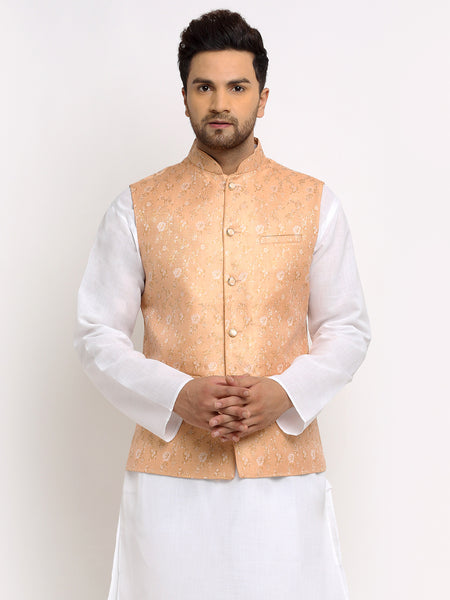 New Designer Men Peach Brocade Nehru Jacket With Golden Work By Treemoda